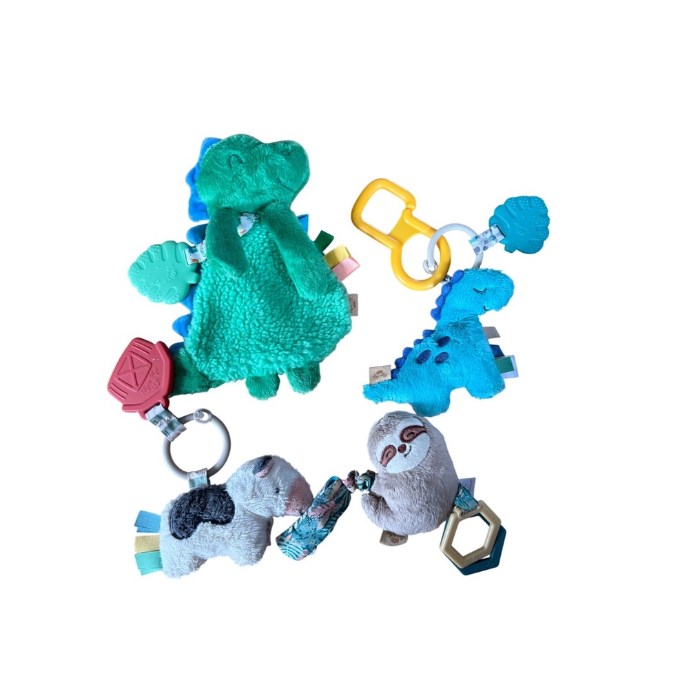 Itzy Ritzy Baby Sensory Toy Lot Dinosaur Sloth Cow Plush Rattle Teether Set